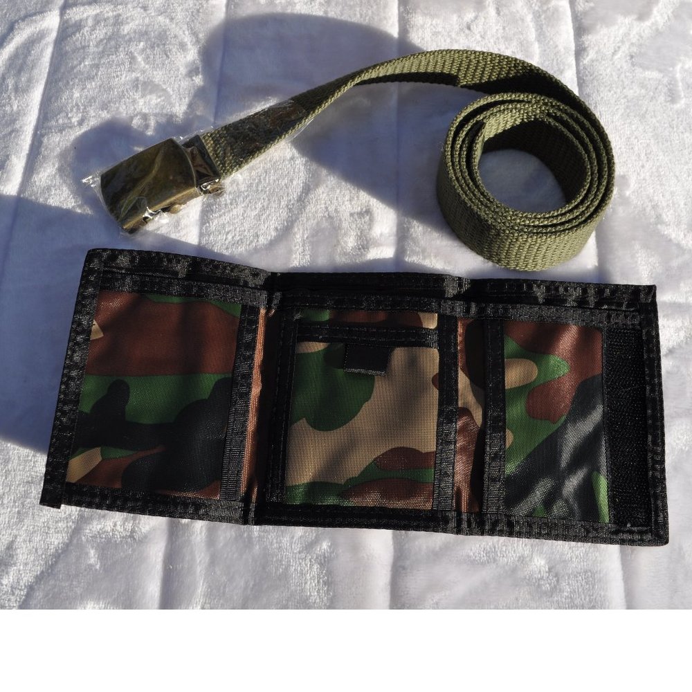 Army Canvas Web Belt Military Style and Army Camouflage Wallet two pieces lot